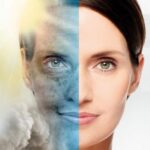 mujer con la mitad de la cara llena de contaminación