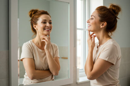 Mujer sonriente frente al espejo feliz por el colágeno