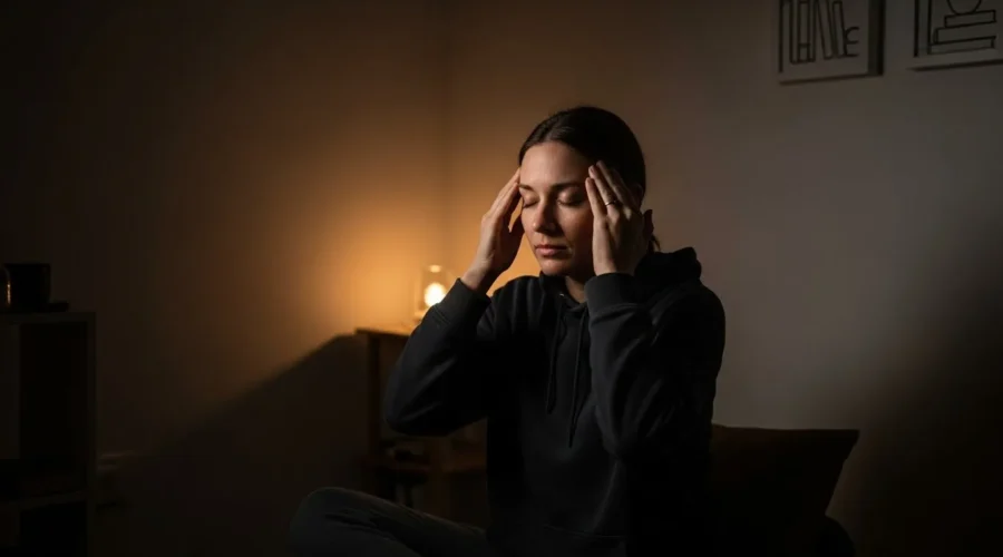Persona en una habitación masajeándose suavemente las sienes