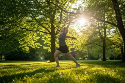 Persona haciendo ejercicio ligero al aire libre en un parque soleado