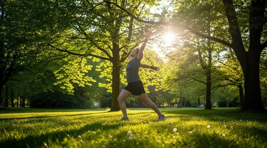 Persona haciendo ejercicio ligero al aire libre en un parque soleado
