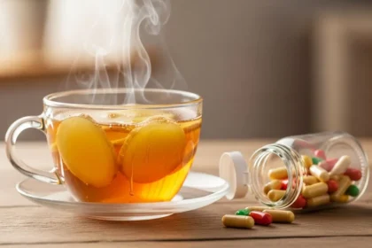 Taza de té humeante con jengibre y miel, frasco de vitaminas
