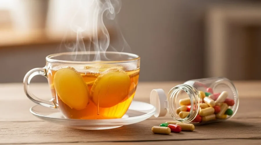 Taza de té humeante con jengibre y miel, frasco de vitaminas