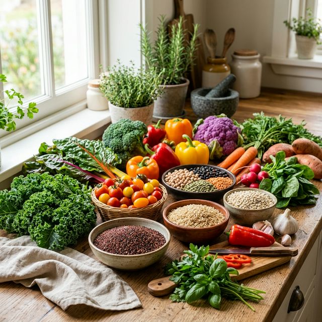 Selección de alimentos saludables para diabéticos como verduras y granos integrales.